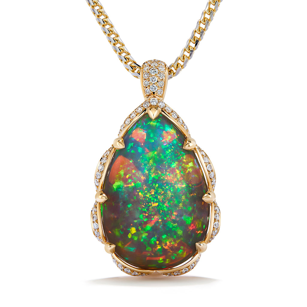 Indonesian Black Opal Necklace with D Flawless Diamonds set in 18K Yellow Gold