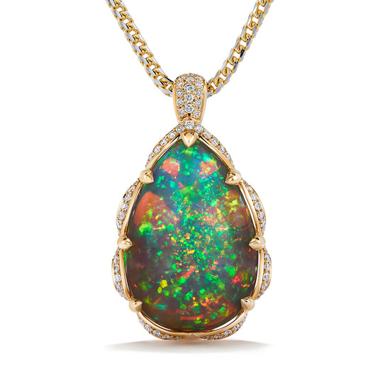 Indonesian Black Opal Necklace with D Flawless Diamonds set in 18K Yellow Gold