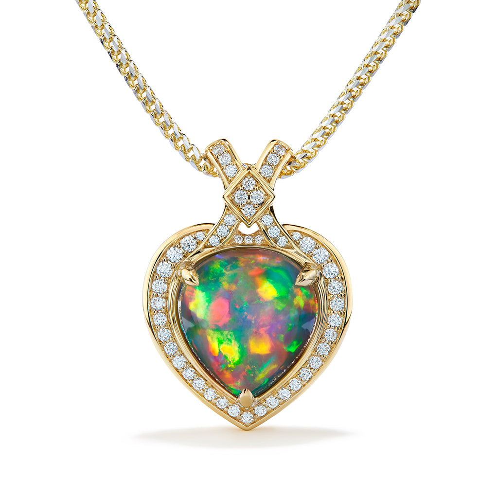 Indonesian Black Opal Necklace with D Flawless Diamonds set in 18K Yellow Gold
