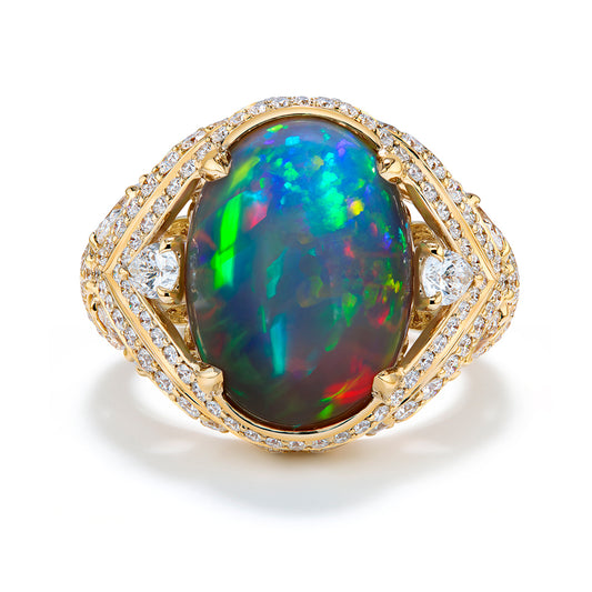 Indonesian Black Opal Ring with D Flawless Diamonds set in 18K Yellow Gold