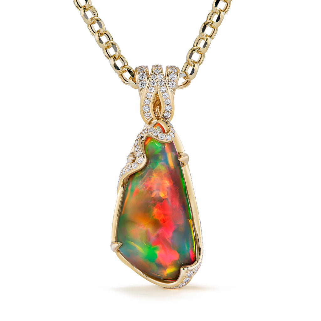 Indonesian Black Opal Necklace with D Flawless Diamonds set in 18K Yellow Gold