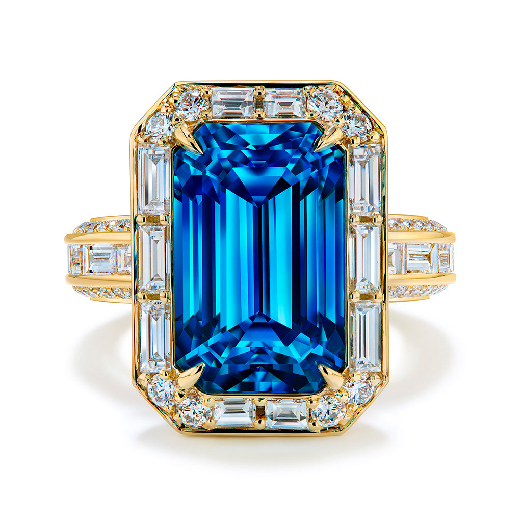 Blue Zircon Ring with D Flawless Diamonds set in 18K Yellow Gold