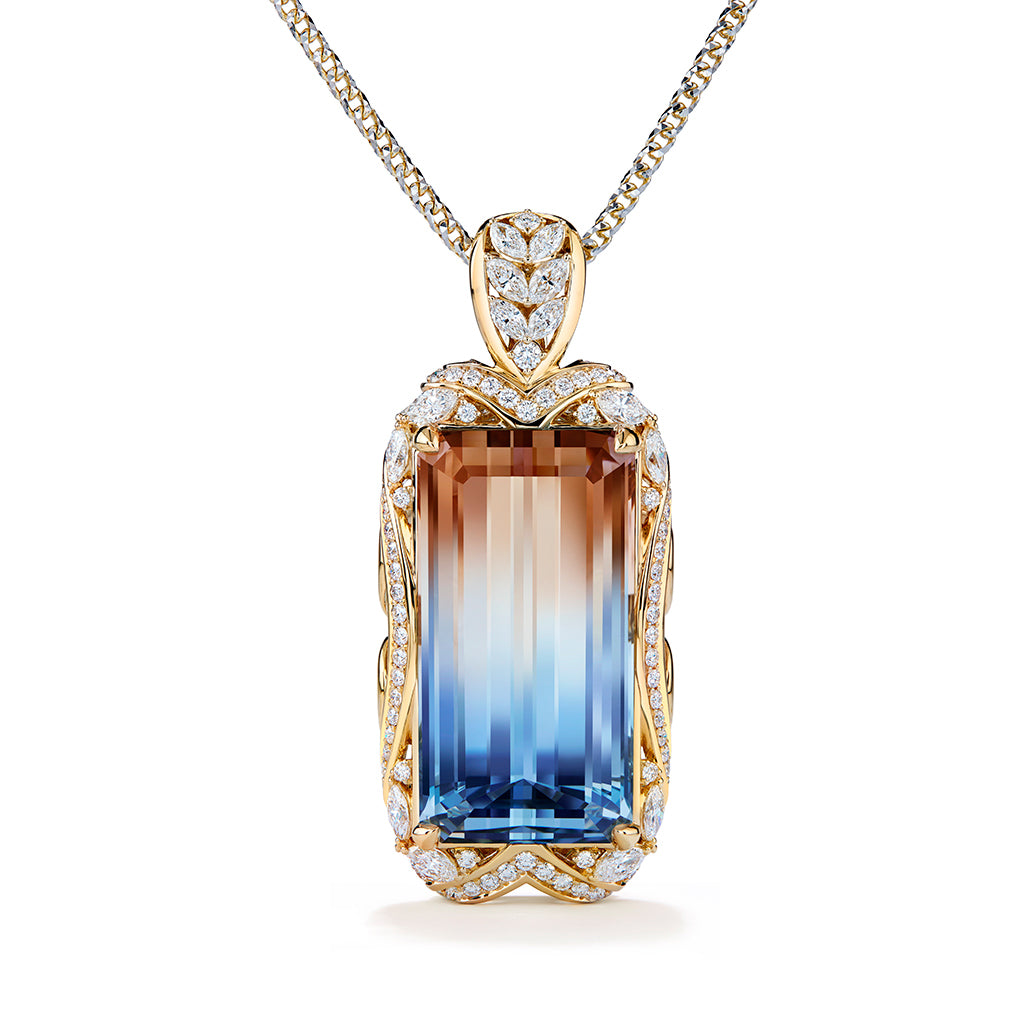 Natural Bi Color Imperial Topaz Necklace with D Flawless Diamonds set in 18K Yellow Gold
