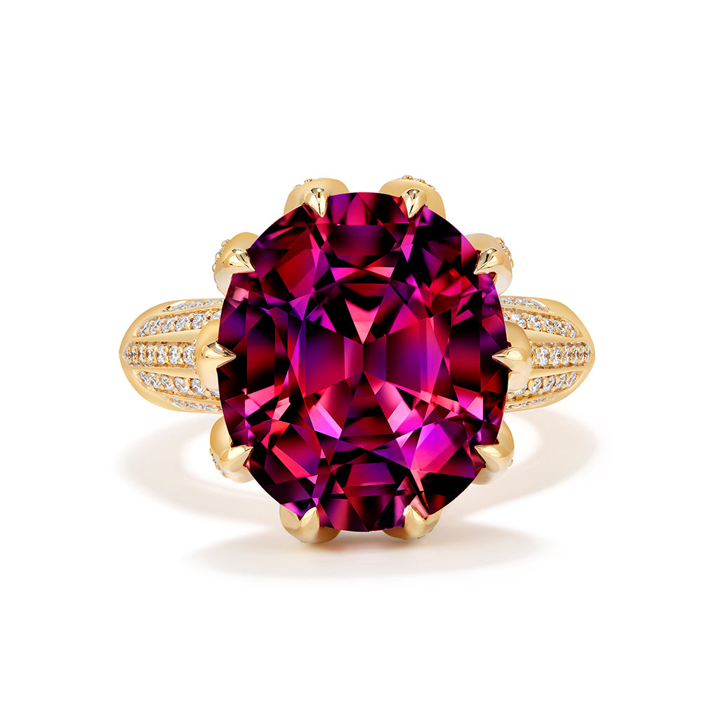 Titanium Rubellite Ring with D Flawless Diamonds set in 18K Yellow Gold