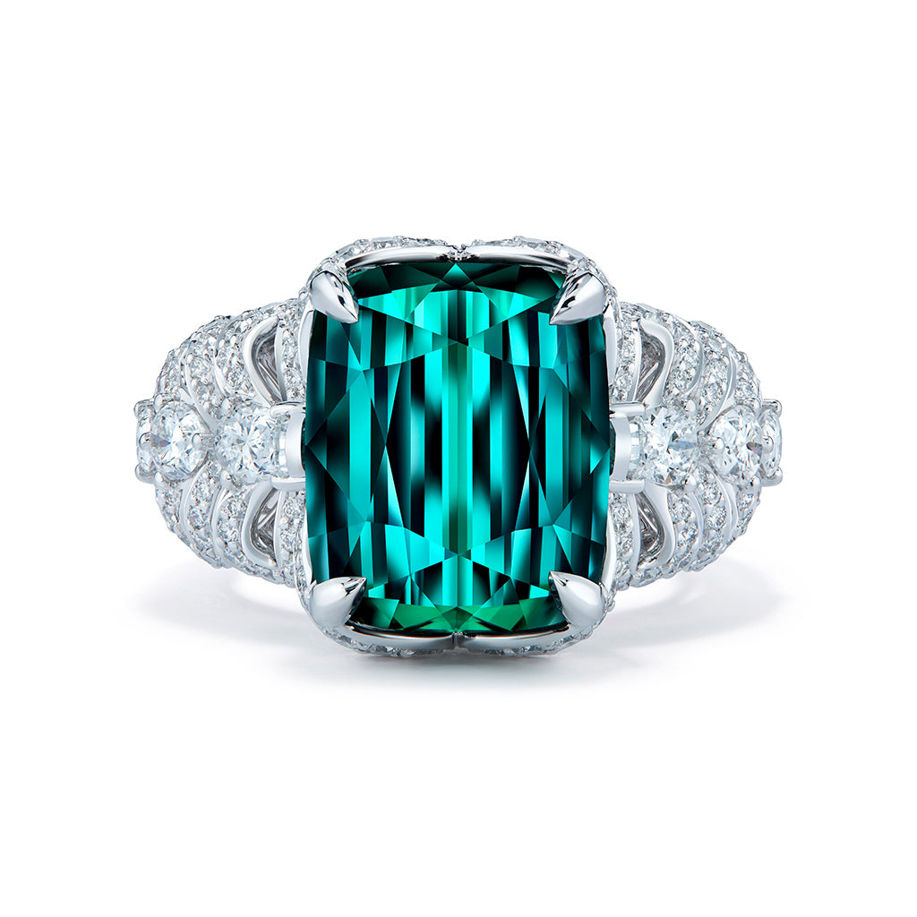 Afghan Indicolite Ring with D Flawless Diamonds set in 18K White Gold