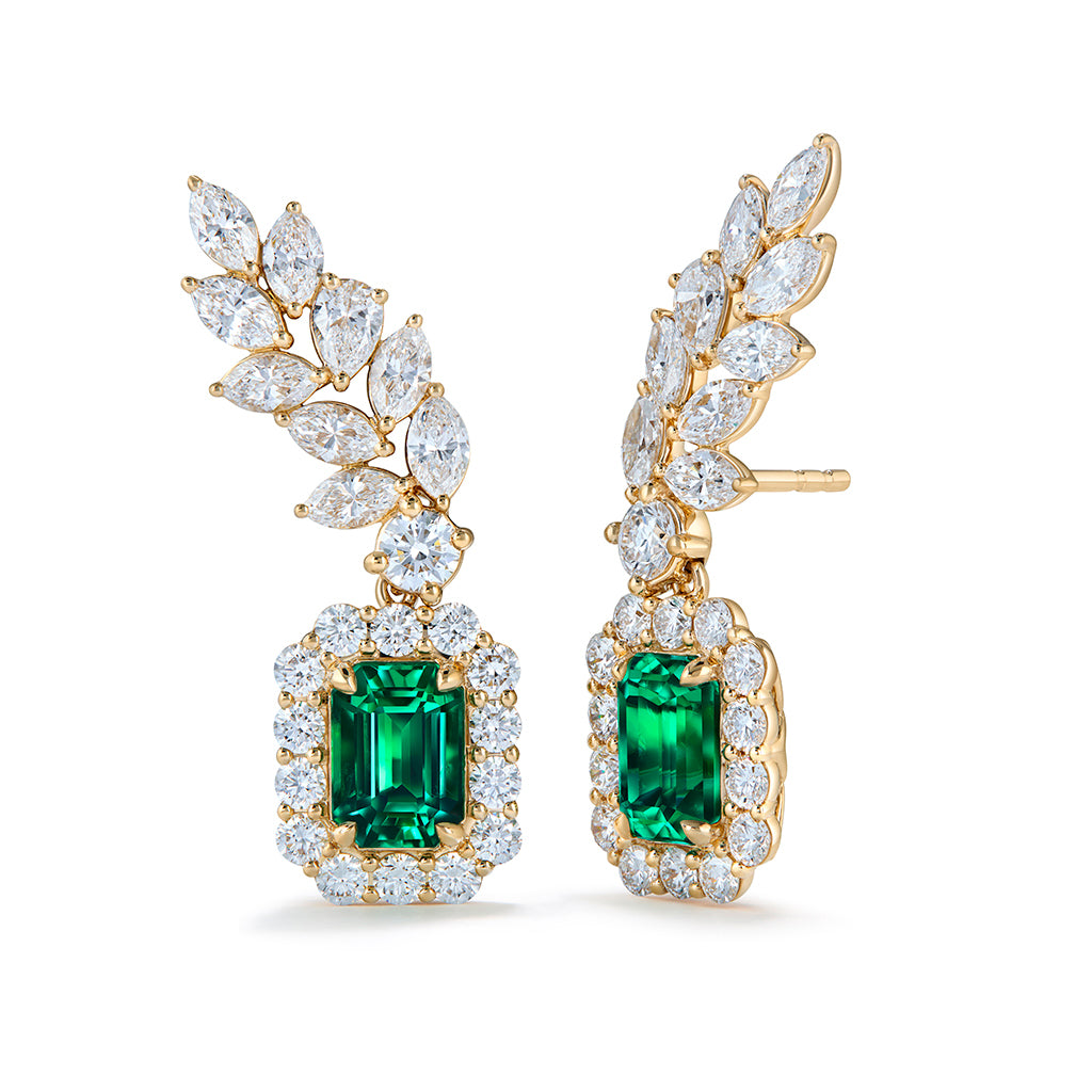 Russian Emerald Earrings with D Flawless Diamonds set in 18K Yellow Gold