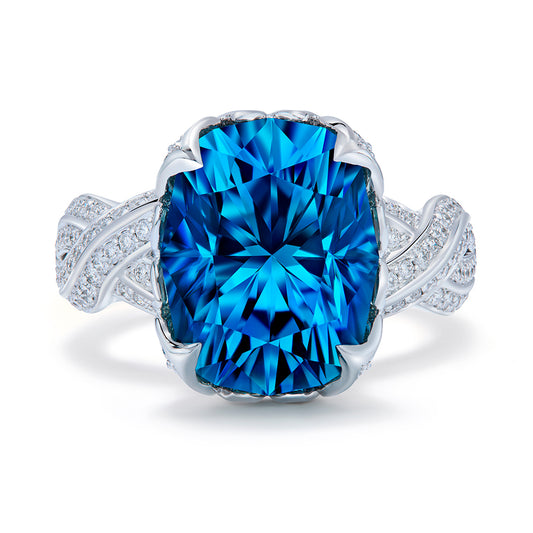 Blue Zircon Ring with D Flawless Diamonds set in 18K White Gold