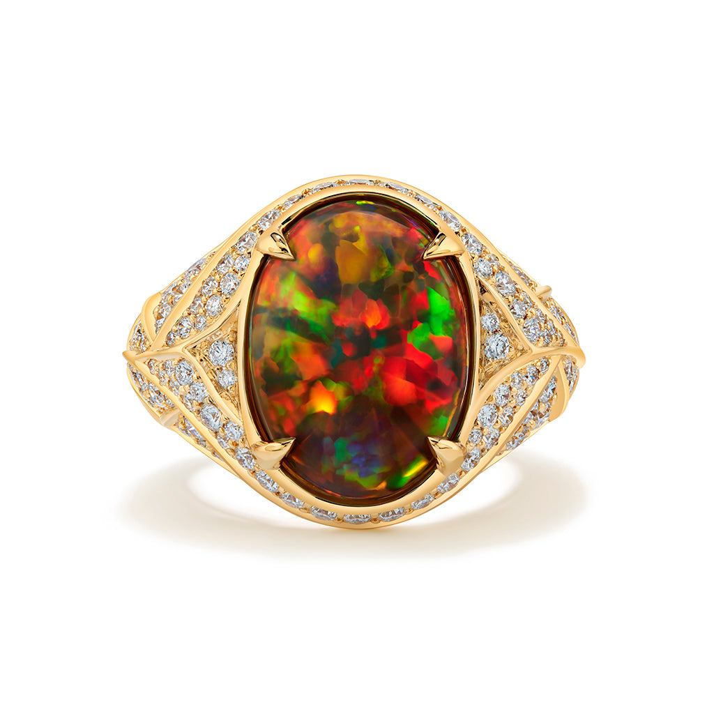 Indonesian Black Opal Ring with D Flawless Diamonds set in 18K Yellow Gold