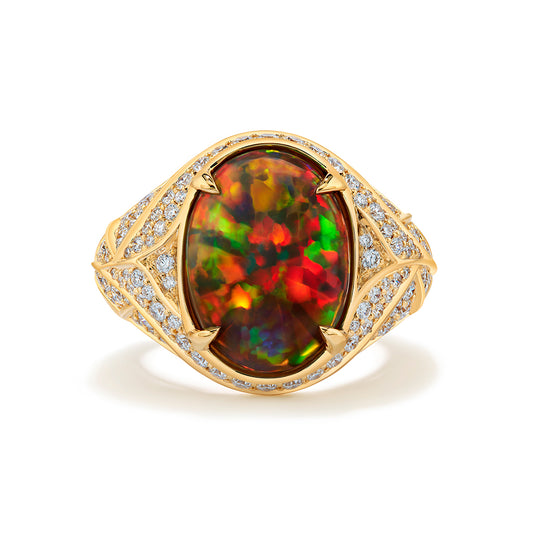 Indonesian Black Opal Ring with D Flawless Diamonds set in 18K Yellow Gold