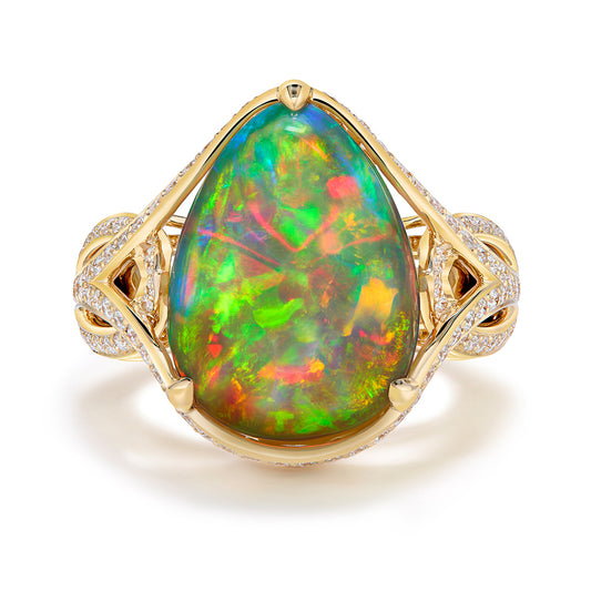 Indonesian Black Opal Ring with D Flawless Diamonds set in 18K Yellow Gold