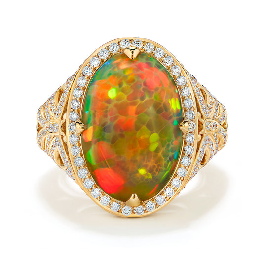 Indonesian Black Opal Ring with D Flawless Diamonds set in 18K Yellow Gold