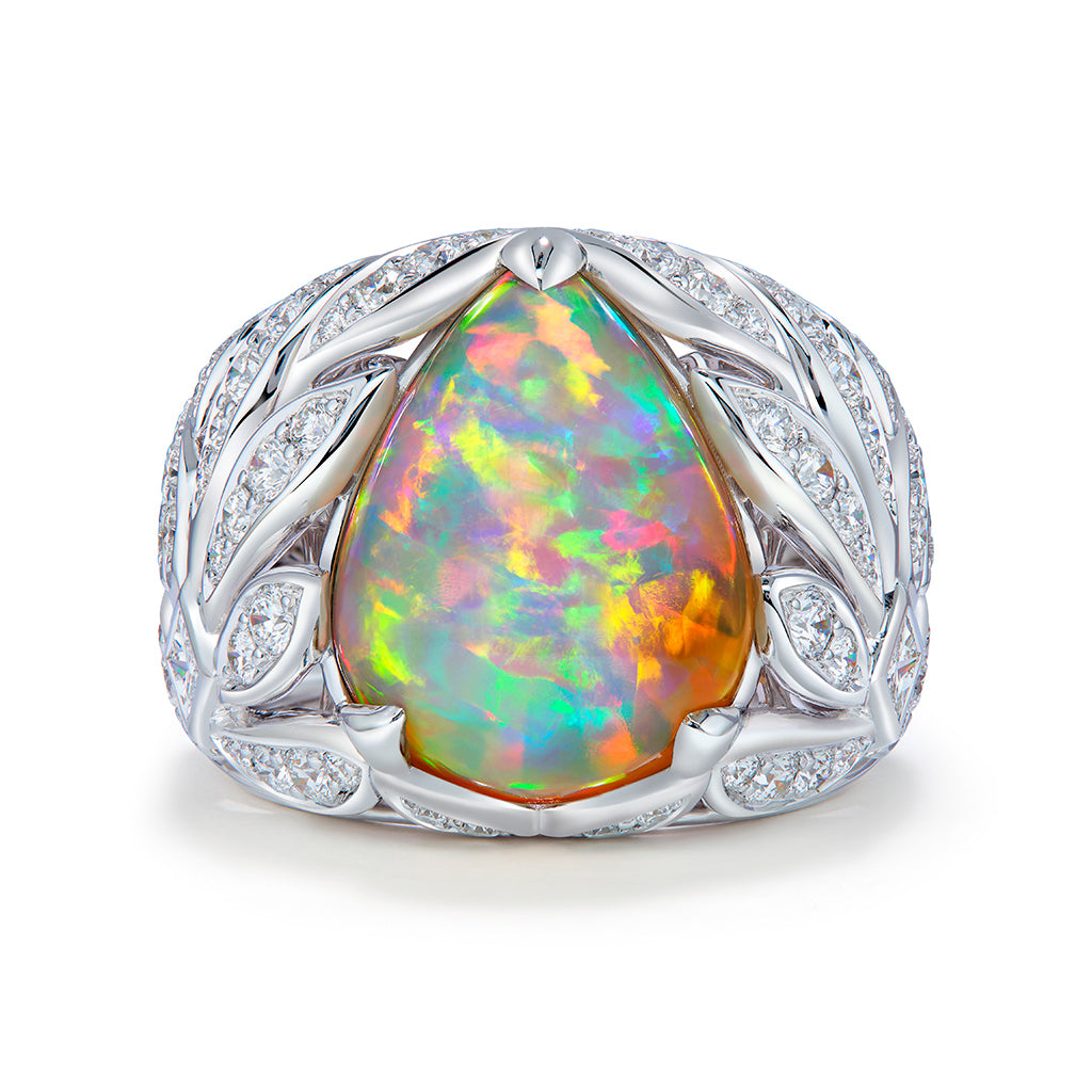 Indonesian Black Opal Ring with D Flawless Diamonds set in 18K White Gold