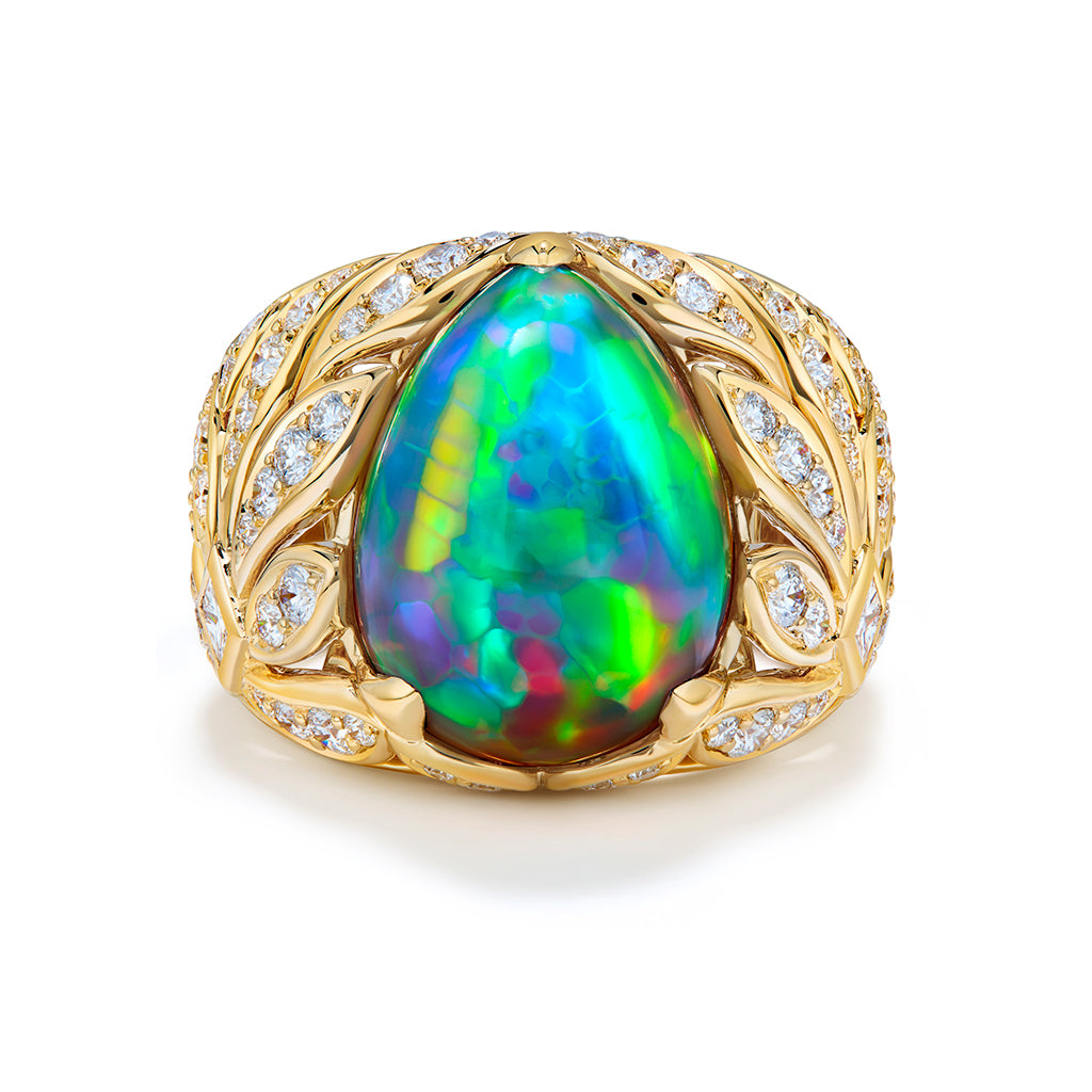Indonesian Black Opal Ring with D Flawless Diamonds set in 18K Yellow Gold