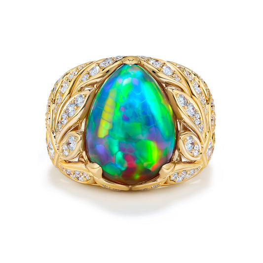 Indonesian Black Opal Ring with D Flawless Diamonds set in 18K Yellow Gold