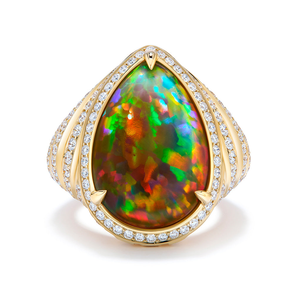 Indonesian Black Opal Ring with D Flawless Diamonds set in 18K Yellow Gold
