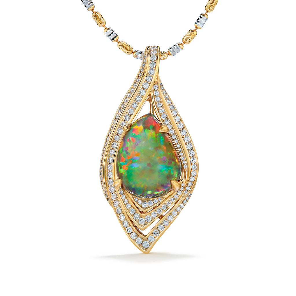Indonesian Black Opal Necklace with D Flawless Diamonds set in 18K Yellow Gold