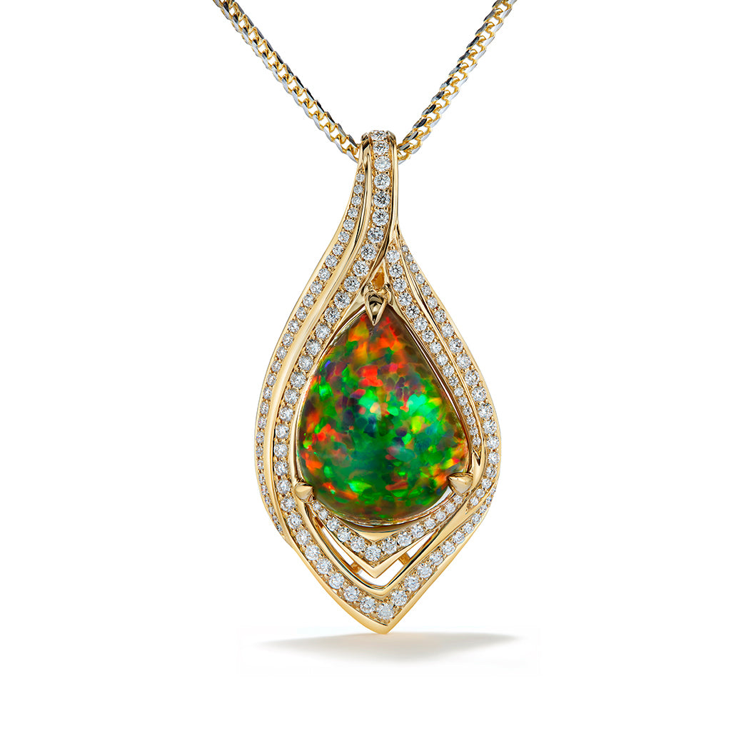 Indonesian Black Opal Necklace with D Flawless Diamonds set in 18K Yellow Gold