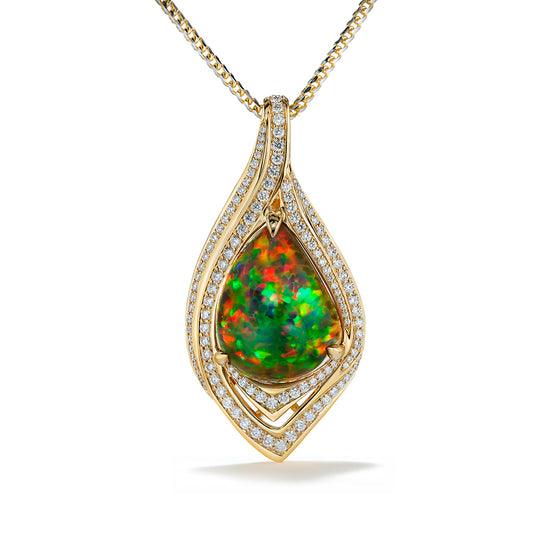 Indonesian Black Opal Necklace with D Flawless Diamonds set in 18K Yellow Gold
