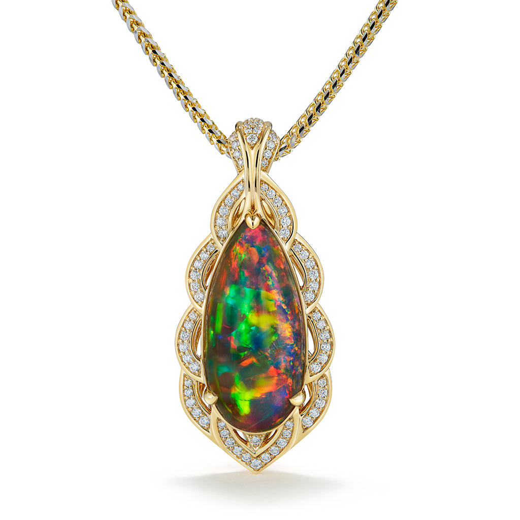 Indonesian Black Opal Necklace with D Flawless Diamonds set in 18K Yellow Gold