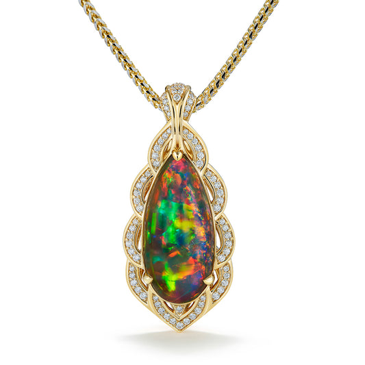Indonesian Black Opal Necklace with D Flawless Diamonds set in 18K Yellow Gold