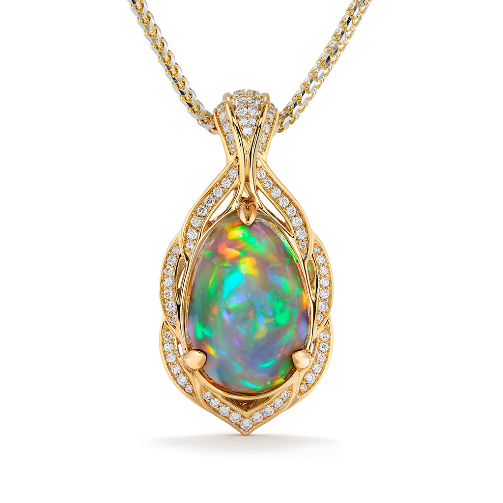 Indonesian Black Opal Necklace with D Flawless Diamonds set in 18K Yellow Gold