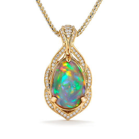 Indonesian Black Opal Necklace with D Flawless Diamonds set in 18K Yellow Gold