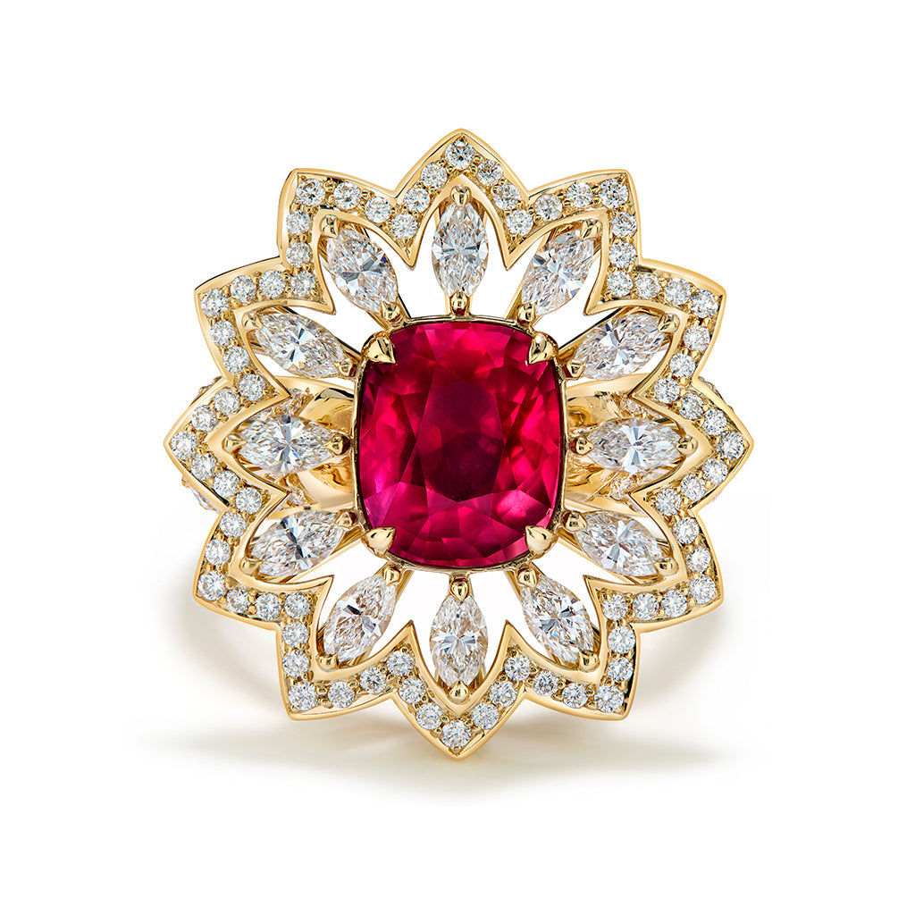 Unheated Pigeons Blood Ruby Ring with D Flawless Diamonds set in 18K Yellow Gold