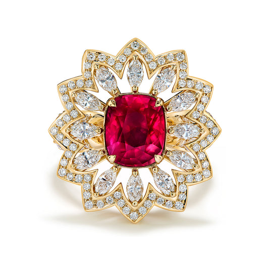 Unheated Pigeons Blood Ruby Ring with D Flawless Diamonds set in 18K Yellow Gold