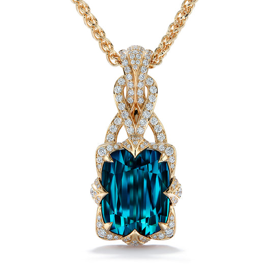 Flawless Namibian Indigo Lagoon Blue Indicolite Necklace with D Flawless Diamonds set in 18K Yellow Gold