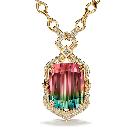 Afgan Bicolor Tourmaline Necklace with D Flawless Diamonds set in 18K Yellow Gold