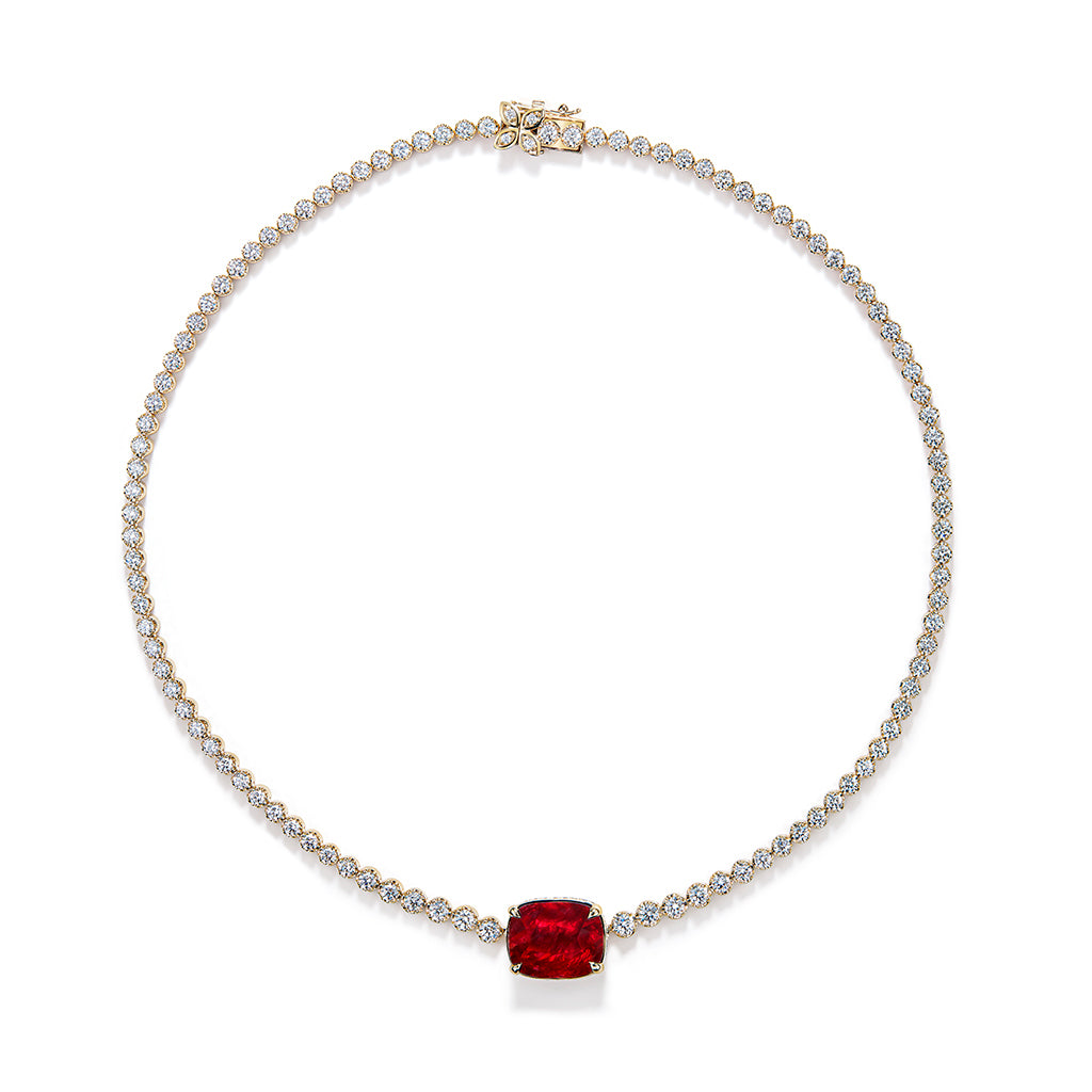 Unheated Pigeons Blood Gemfields Ruby Necklace with D Flawless Diamonds set in 18K Yellow Gold