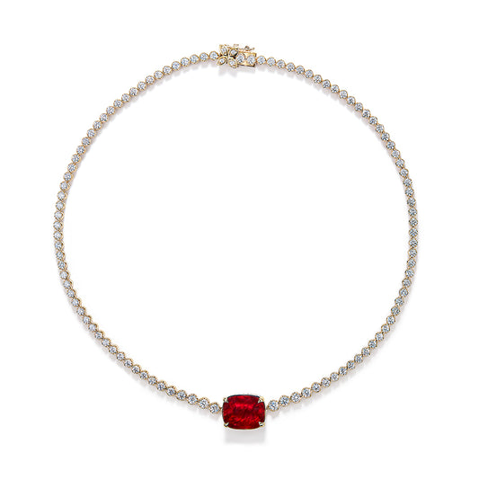 Unheated Pigeons Blood Gemfields Ruby Necklace with D Flawless Diamonds set in 18K Yellow Gold