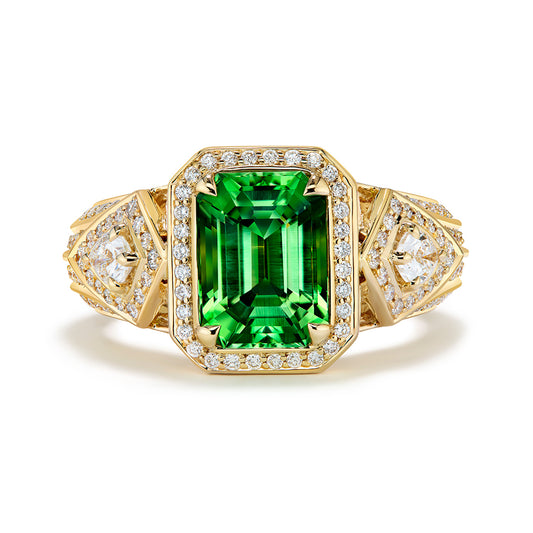 Neon Tsavorite Garnet Ring with D Flawless Diamonds set in 18K Yellow Gold