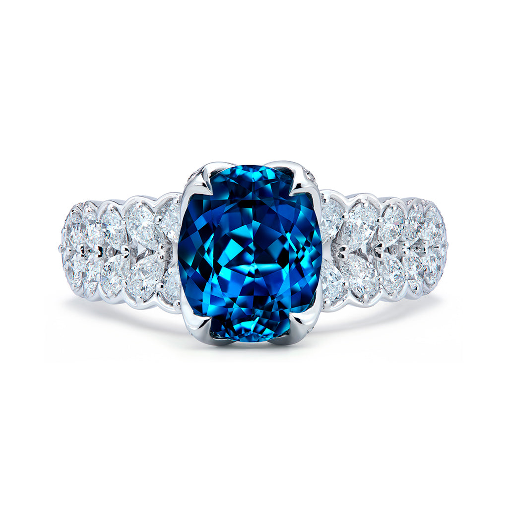 Afghan Indigo Blue Indicolite Ring with D Flawless Diamonds set in 18K White Gold