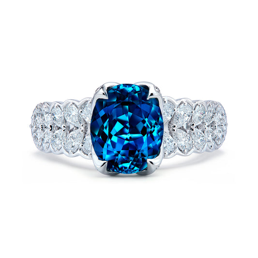 Afghan Indigo Blue Indicolite Ring with D Flawless Diamonds set in 18K White Gold