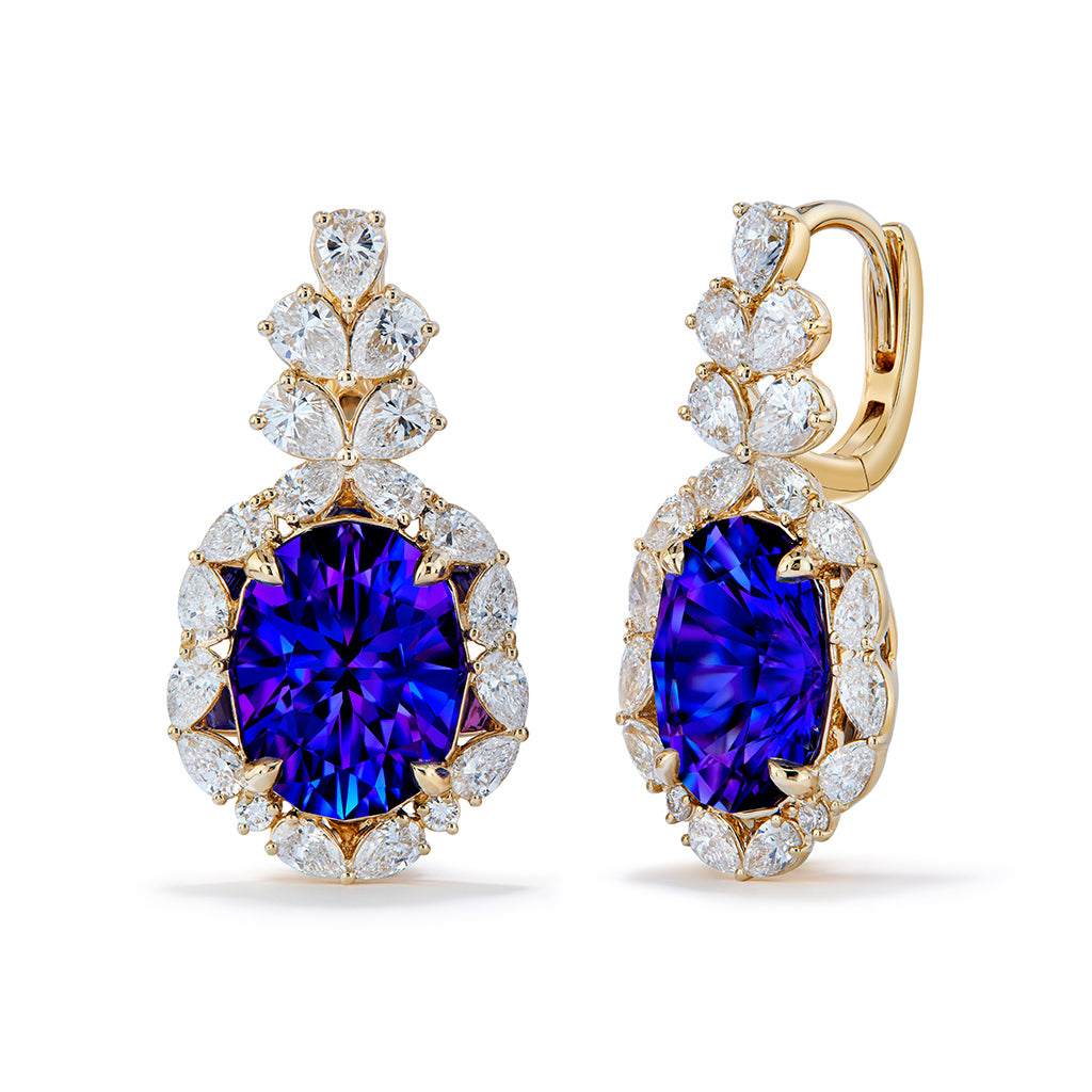 Tanzanite Earrings with D Flawless Diamonds set in 18K Yellow Gold