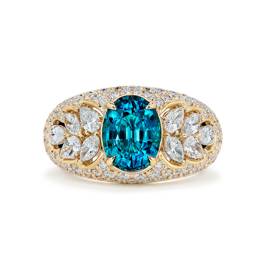 Afghan Neon Indicolite Ring with D Flawless Diamonds set in 18K Yellow Gold