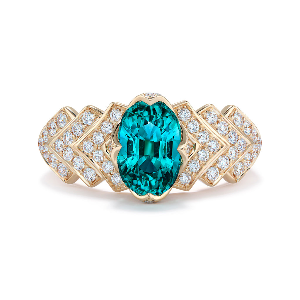 Afghan Neon Indicolite Ring with D Flawless Diamonds set in 18K Yellow Gold