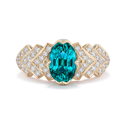 Afghan Neon Indicolite Ring with D Flawless Diamonds set in 18K Yellow Gold