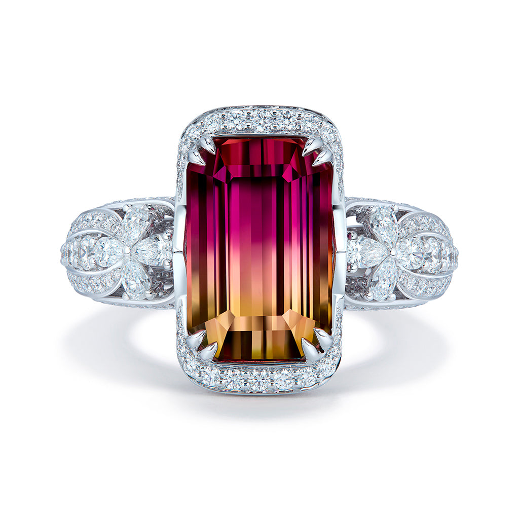 Namibian Bi Color Tourmaline Ring with D Flawless Diamonds set in 18K White Gold