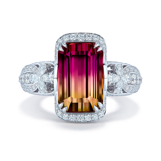 Namibian Bi Color Tourmaline Ring with D Flawless Diamonds set in 18K White Gold