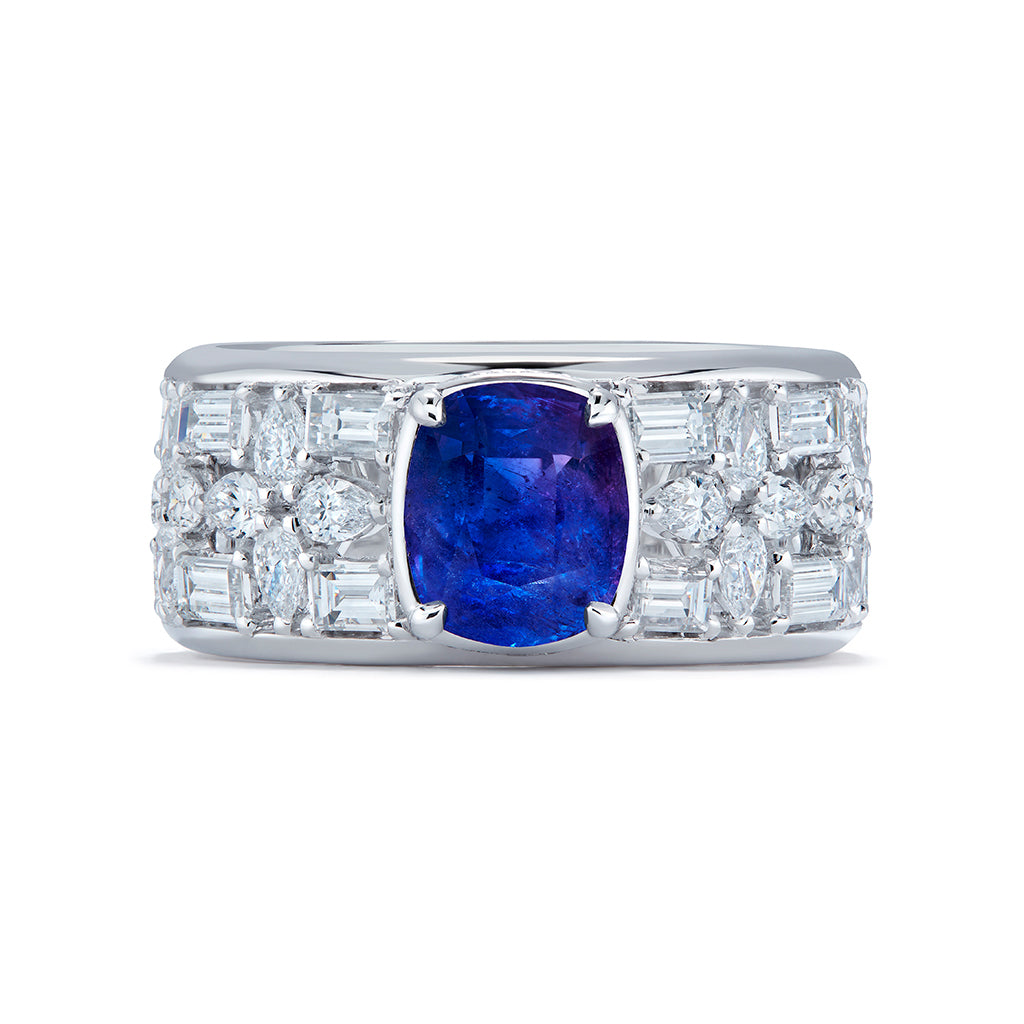 Unheated Kashmir Intense Blue Sapphire Ring with D Flawless Diamonds set in 18K White Gold