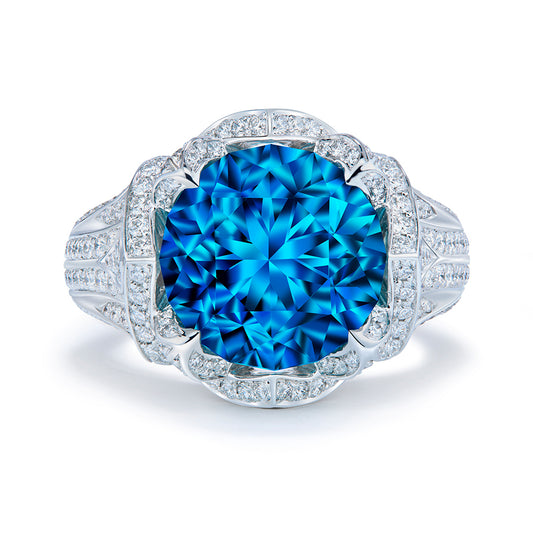 Blue Zircon Ring with D Flawless Diamonds set in 18K White Gold