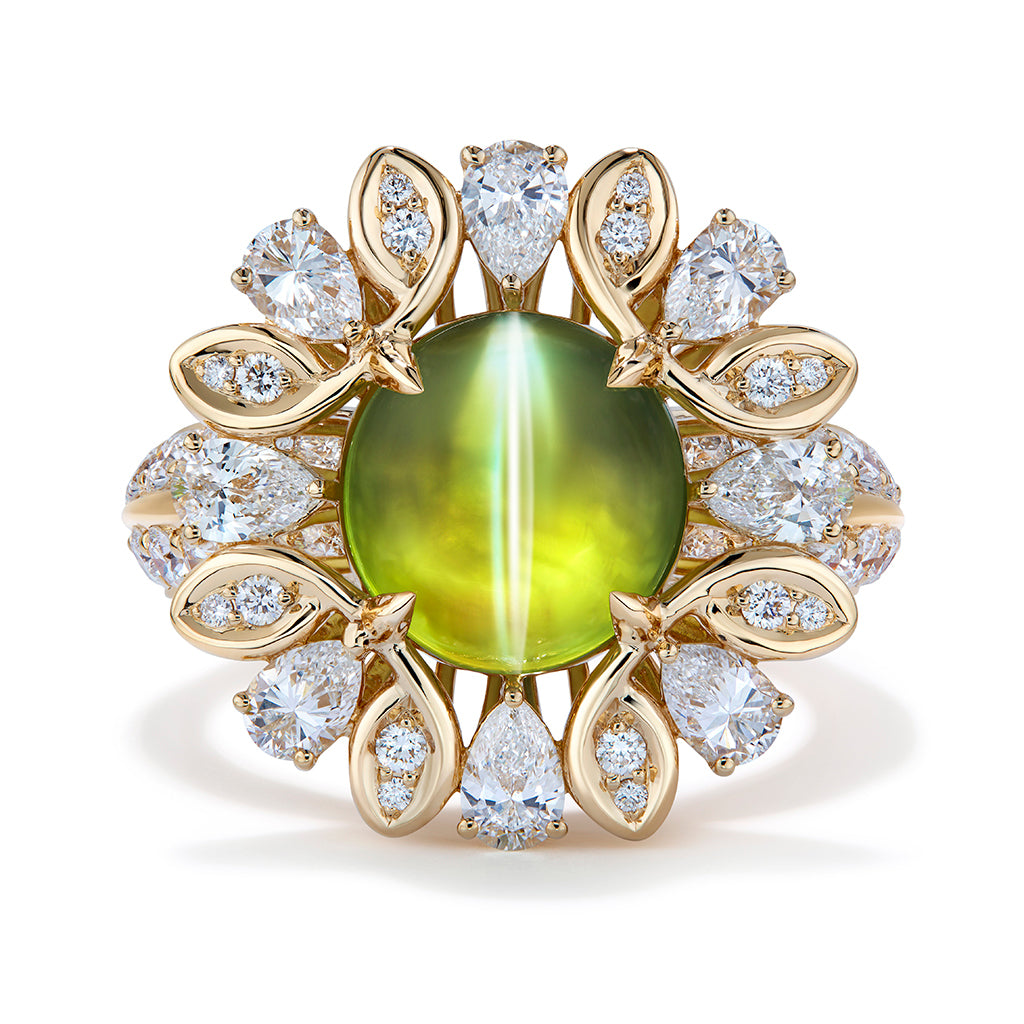 Srilankan Honey And Milk Crystal Cat Eye Chrysoberyl Ring with D Flawless Diamonds set in 18K Yellow Gold
