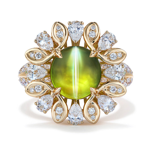 Srilankan Honey And Milk Crystal Cat Eye Chrysoberyl Ring with D Flawless Diamonds set in 18K Yellow Gold