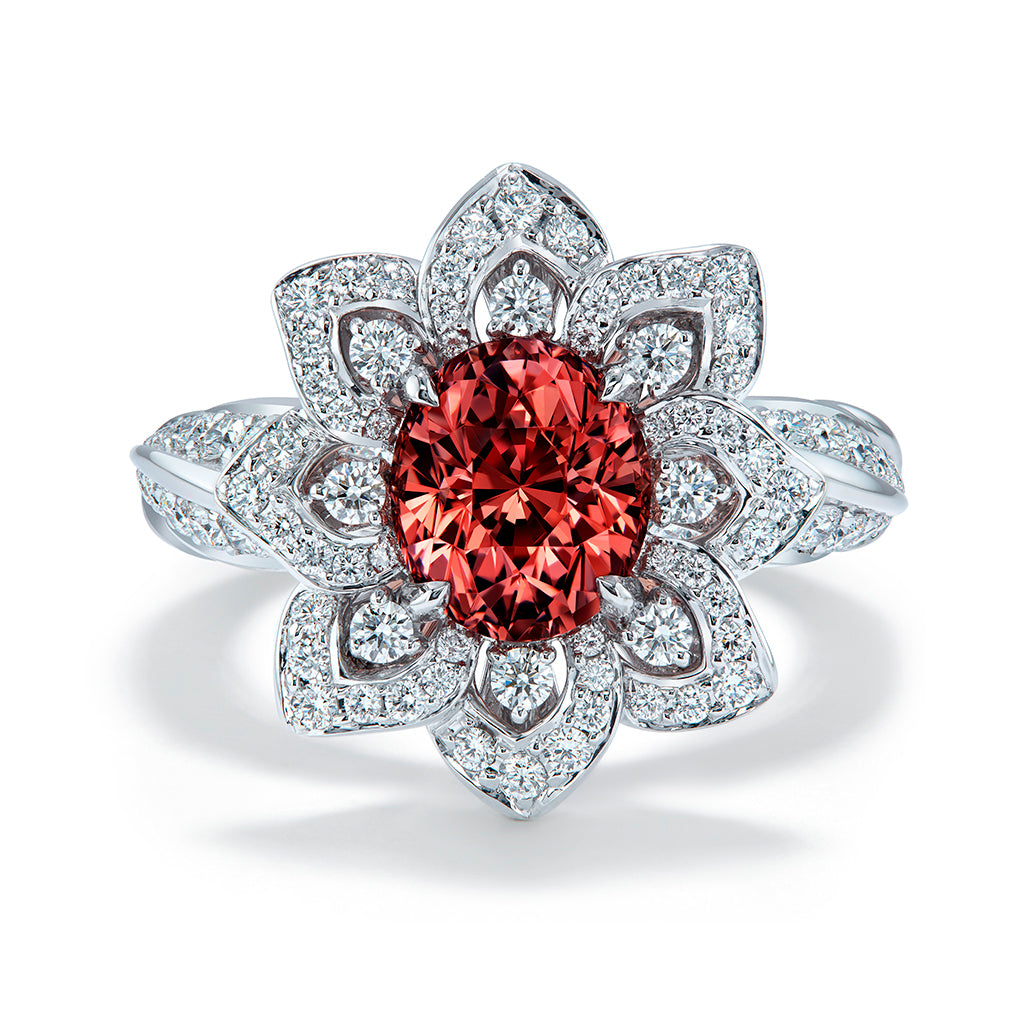 Padparadscha Ceylon Garnet Ring with D Flawless Diamonds set in 18K White Gold
