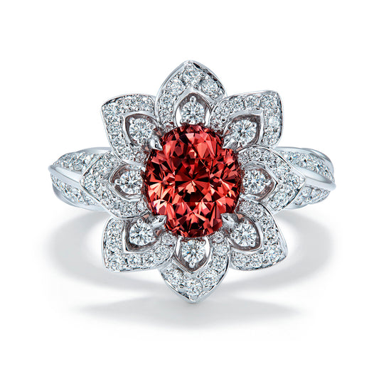 Padparadscha Ceylon Garnet Ring with D Flawless Diamonds set in 18K White Gold