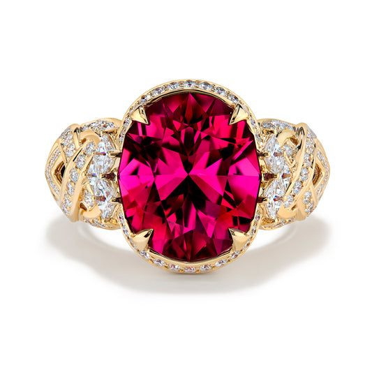 Nigerian Rubellite Ring with D Flawless Diamonds set in 18K Yellow Gold