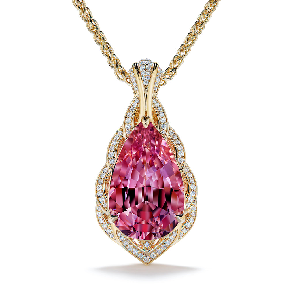 Pink Morganite Necklace with D Flawless Diamonds set in 18K Yellow Gold