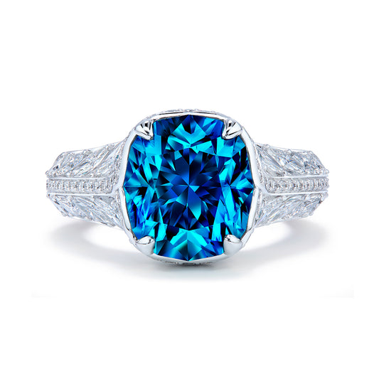 Blue Zircon Ring with D Flawless Diamonds set in 18K White Gold